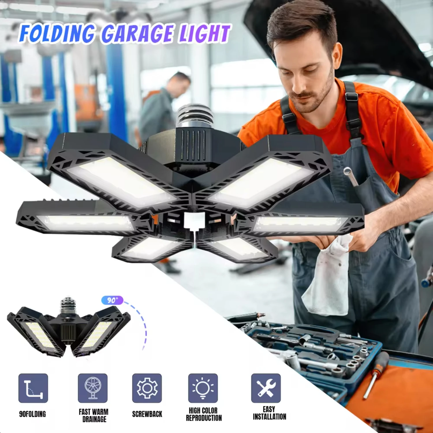 Garage Light Super Bright Work Shop Ceiling Lights Deformable Bulb E26/E27 6500K  Industrial Lamp Folding garage light