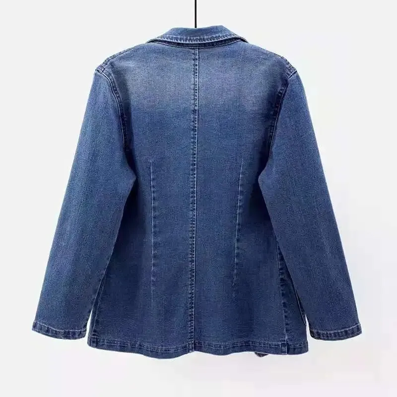 Spring Denim Suit Jacket Femme Long-Sleeve One Button Vintage Autumn Jeans Blazer Women Outerwear Cardigan Clothing