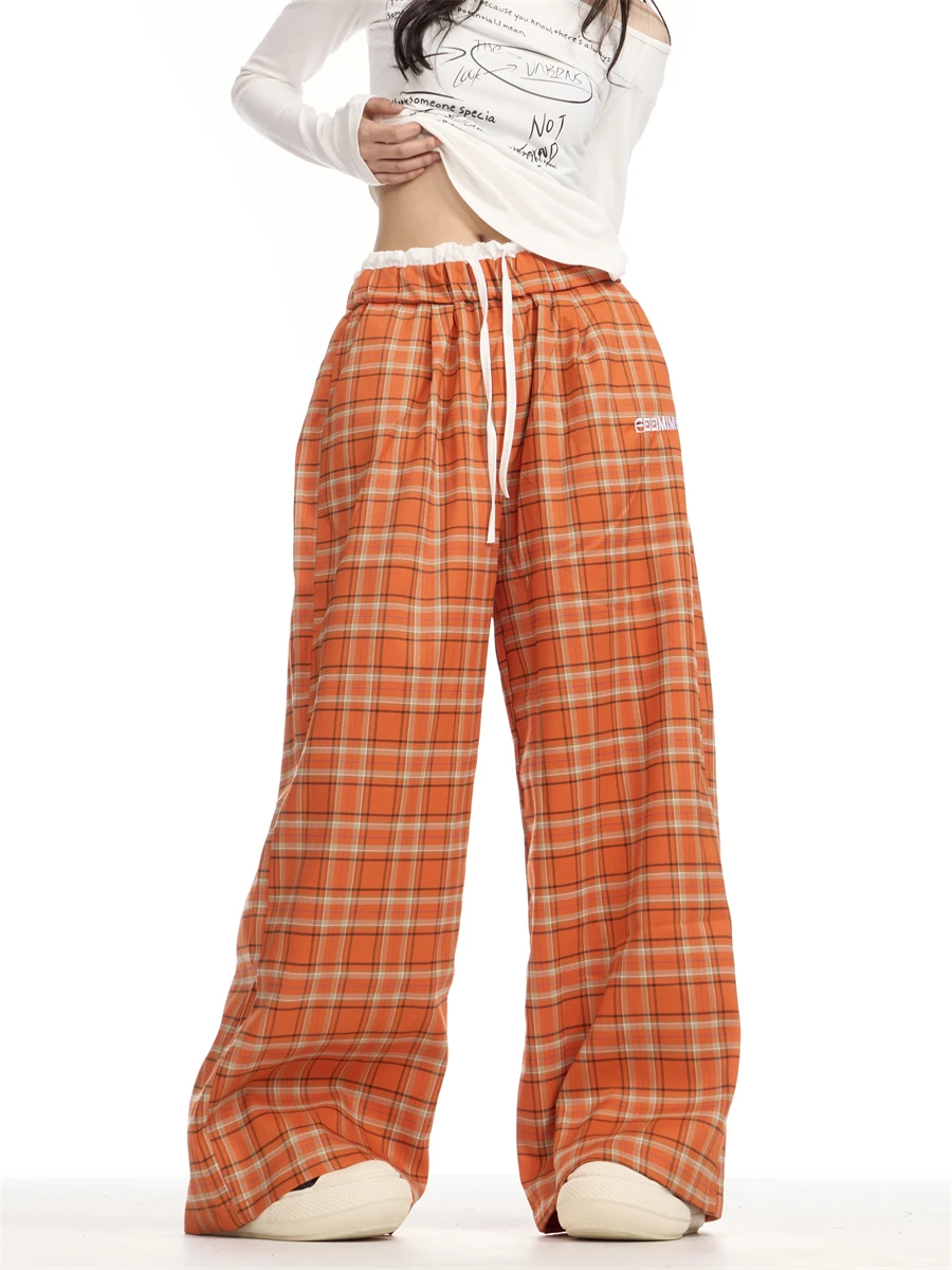 กางเกงลำลองลายสก็อตสีส้มสไตล์อเมริกันย้อนยุคทรงหลวมเอวสูงขาตรงยาวสำหรับผู้หญิง ใส่ได้หลายโอกาส