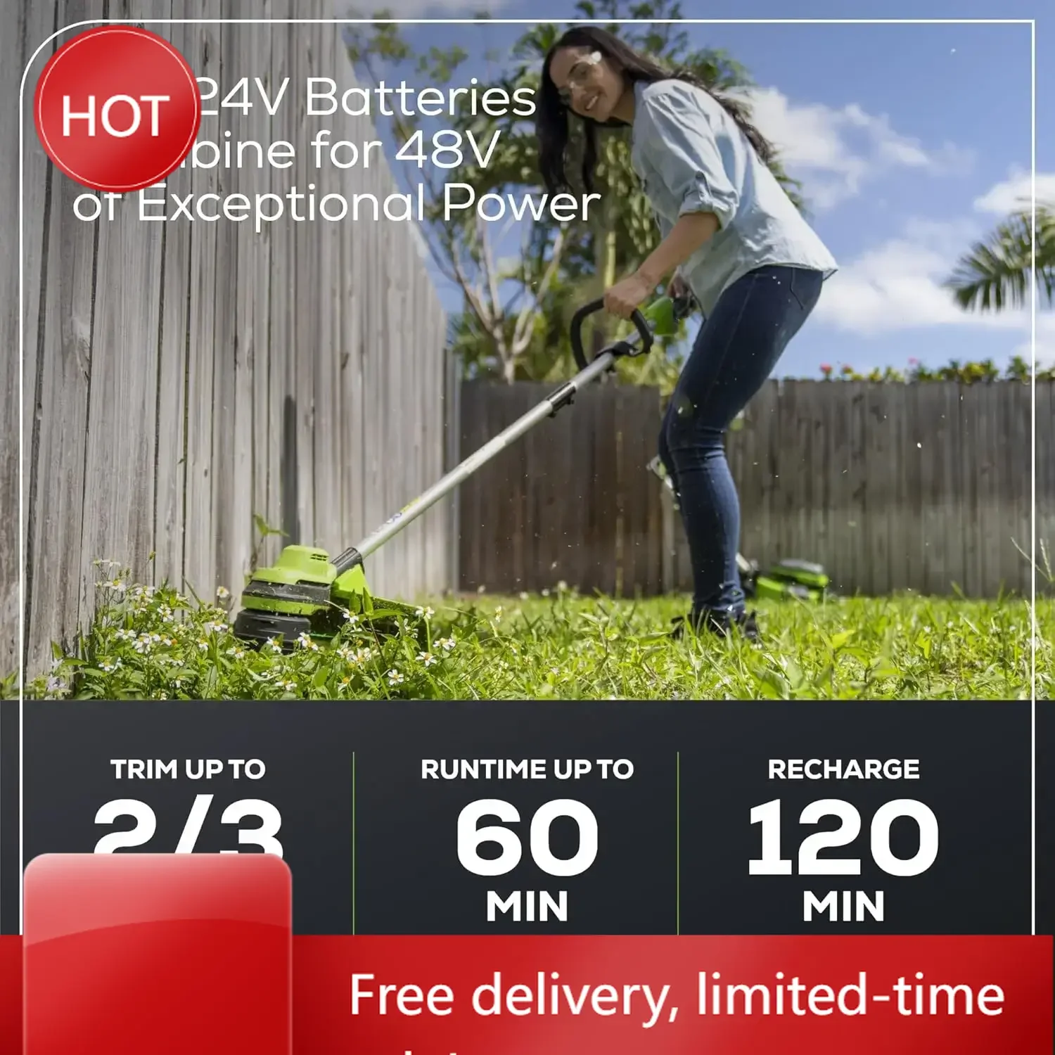 

48V (2x24V) 15" Cordless String Trimmer with (2) 4.0Ah USB Batteries & Charger - Load N' Go™ Bump Feed, 6000 RPM