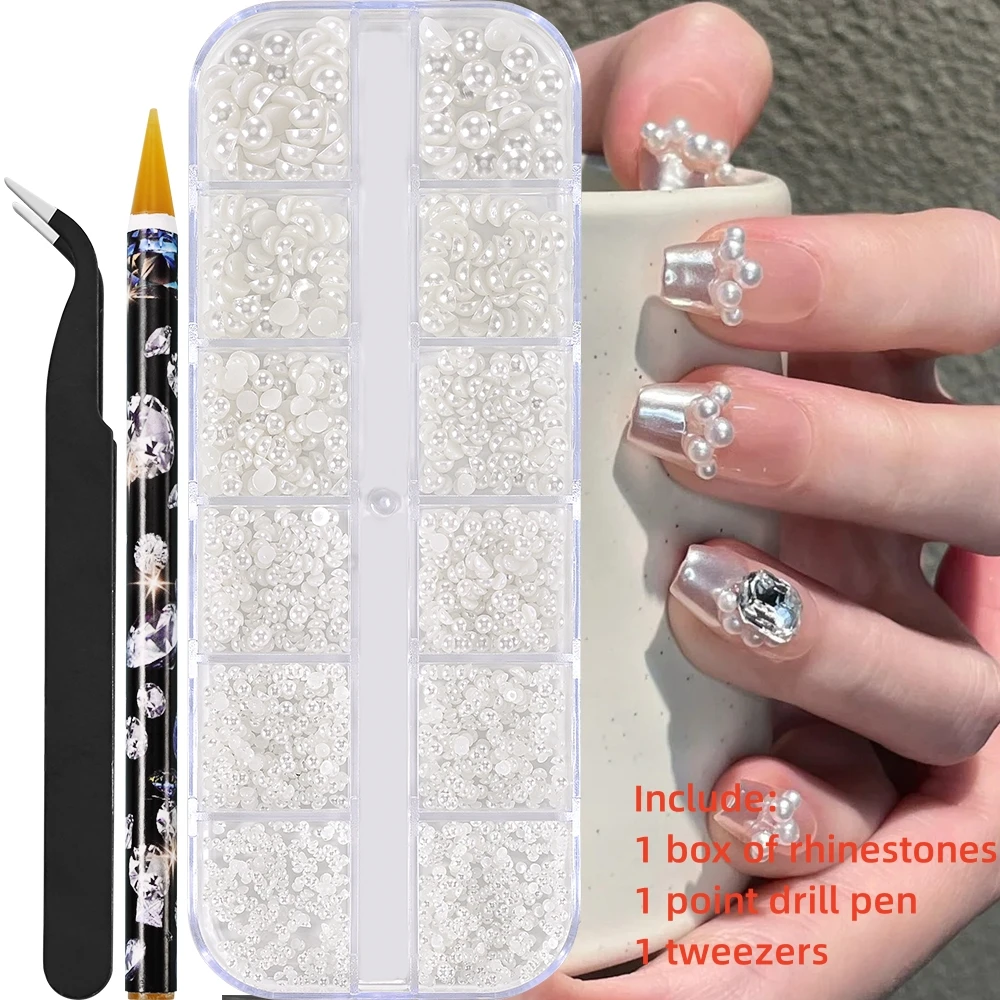 12Gird 3D Glas AB Kristall Nail Art Strass Kit Flatback Runde Perle Charm Edelsteine Schmuck Diamant mit Werkzeugen für Nail Art