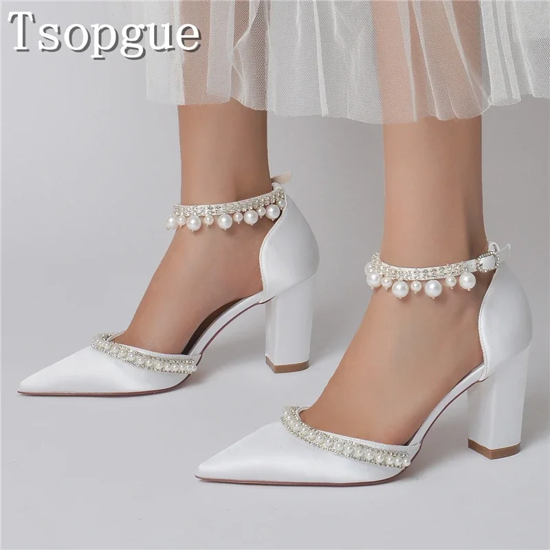 

Luxury Pearl Diamond Chain Ankle Strap Pumps Brand New Bridal Bridesmaid Shoe Pointed Toe Thick High Heels Shoes