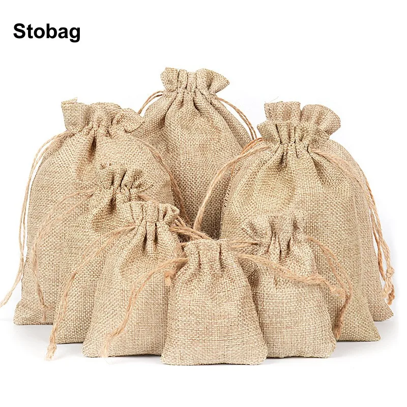 StoBag 50/20pcs Wholesale Linen Drawstring Bags Small Large Candy Gift Jewelry Packaging Storage Bundle Pocket Reusable Pouch