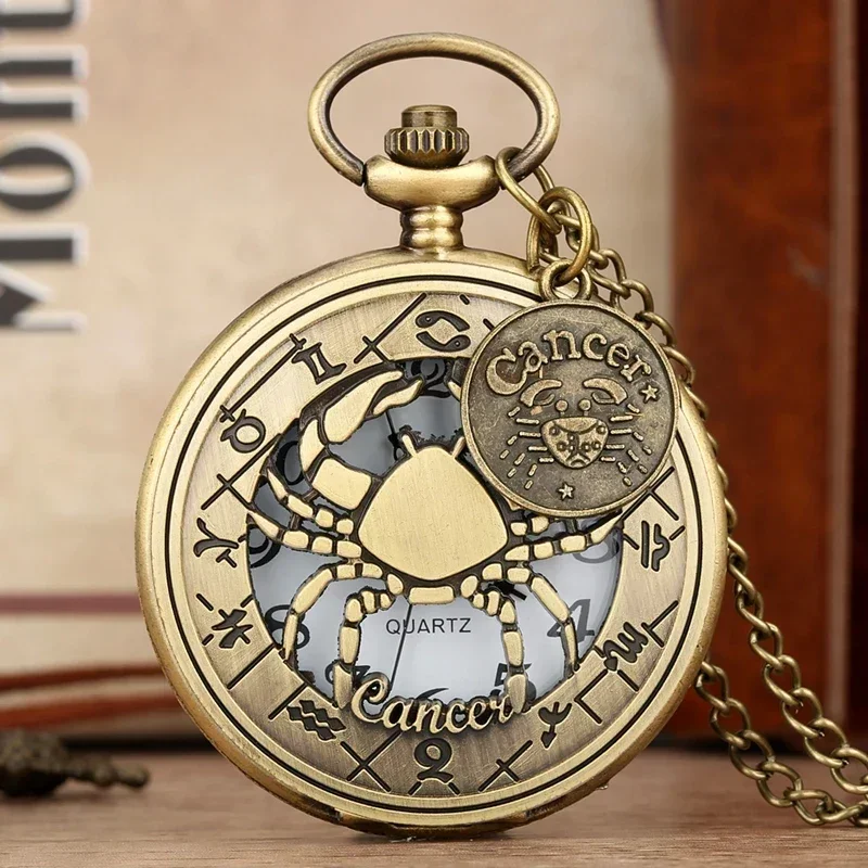 Bronze Hollow Twelve Constellation Unisex Quartz Pocket Watch Necklace Chain Arabic Numerals Display Birthday Gift reloj