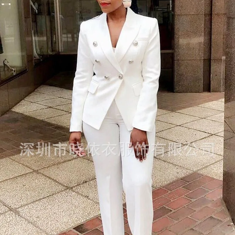 CM.YAYA Elegant Women Double Breasted Blazer Top Suit and Pants OL 2025 Two 2 Piece Set Outfits