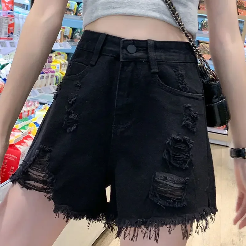 ショート丈ジーンズパンツ レディース ダメージ加工 ハイウエスト デニムショートパンツ ワイド ブラック ファッション ウェア 2024 クラシック 韓国スタイル 新作