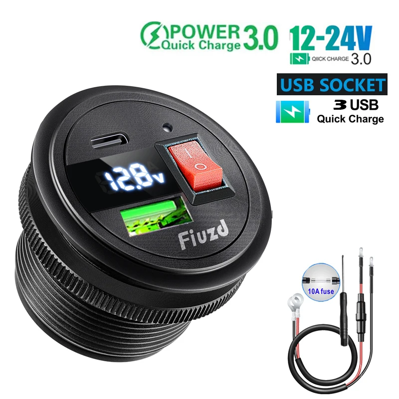 

Автомобильное зарядное устройство с двумя USB-разъемами для быстрой зарядки, автоматический адаптер QC3.0 36 Вт с переключателем для мотоцикла 12 В/24 В, квадроцикла, автофургона