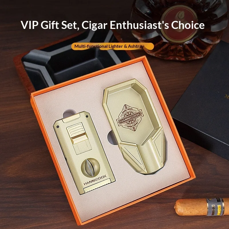 

KCigar Lighter Ashtray Set, Zinc Alloy Windproof Double Straight Jet Lighter with Cigar Cutter Smoking Accessories