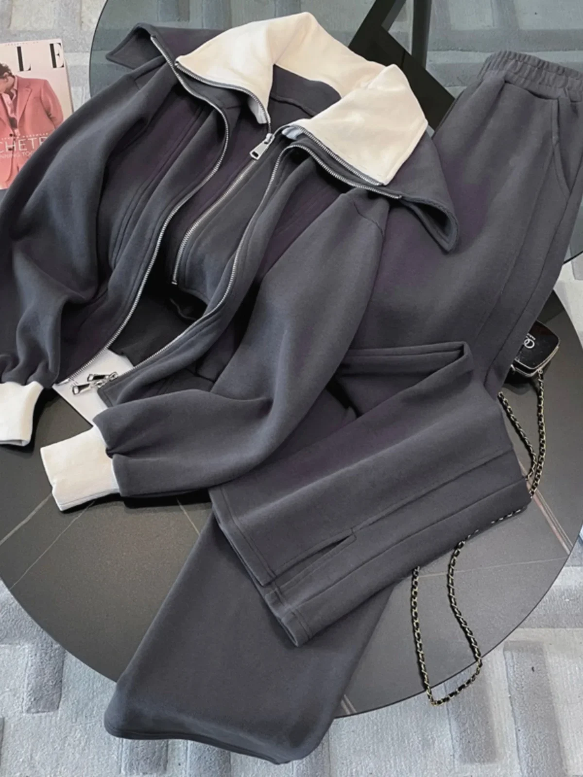 

Women's Set 2024 New Autumn/Winter Double Zip Polo Jacket+Elastic Waist Wide Leg Pants 2ps Casual Fashion Loose Fit Sportswear