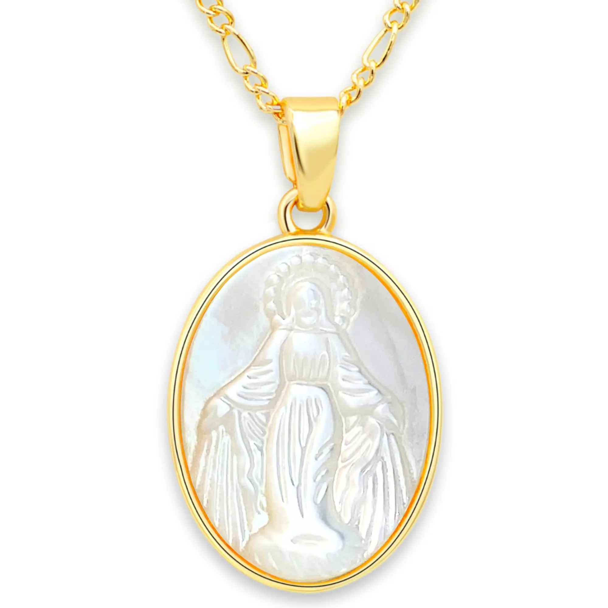 Virgin Mary Necklace - Miracle Medal Necklace - Virgin Mary Pendant 18k gold plated - Genuine Mother-of-Pearl necklace