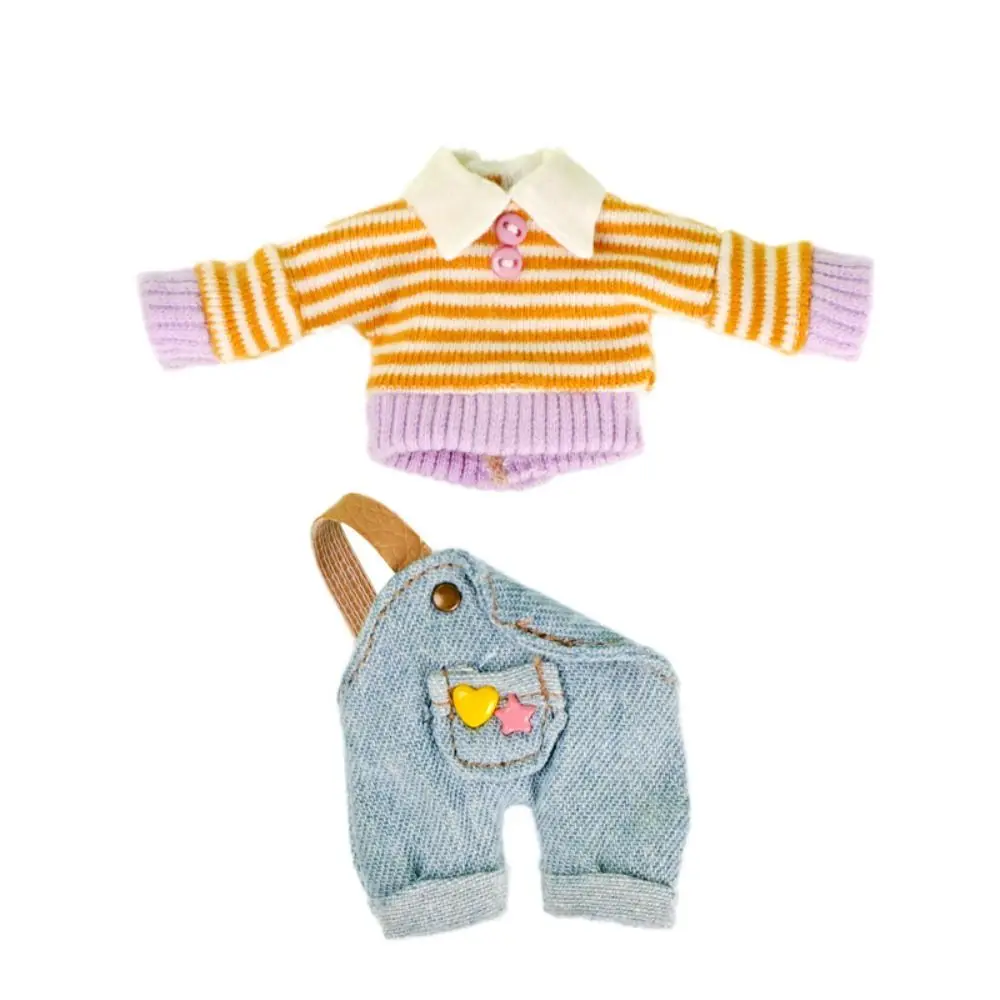 Fashion Casual Wear Ob11 Doll Clothes Sweatshirt Solid Color Doll Suspenders Set Denim Decoration Doll Lapel Sweater Obitsu11