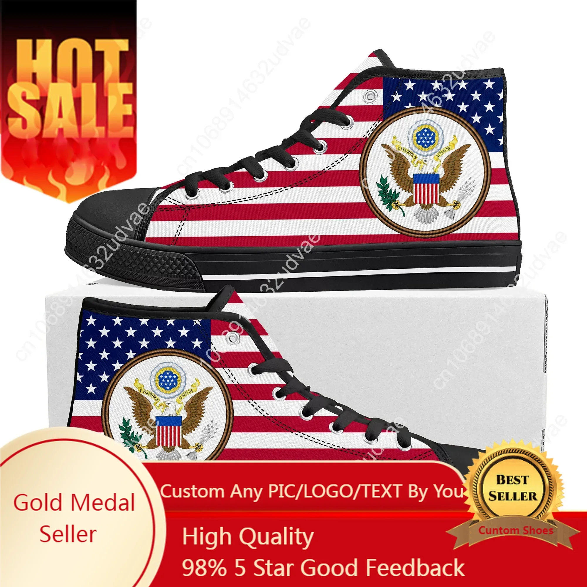 

USA Flag American Red Blue White Art High Top Sneakers Mens Womens Teenager Canvas Sneaker Casual Couple Shoes Custom Shoe