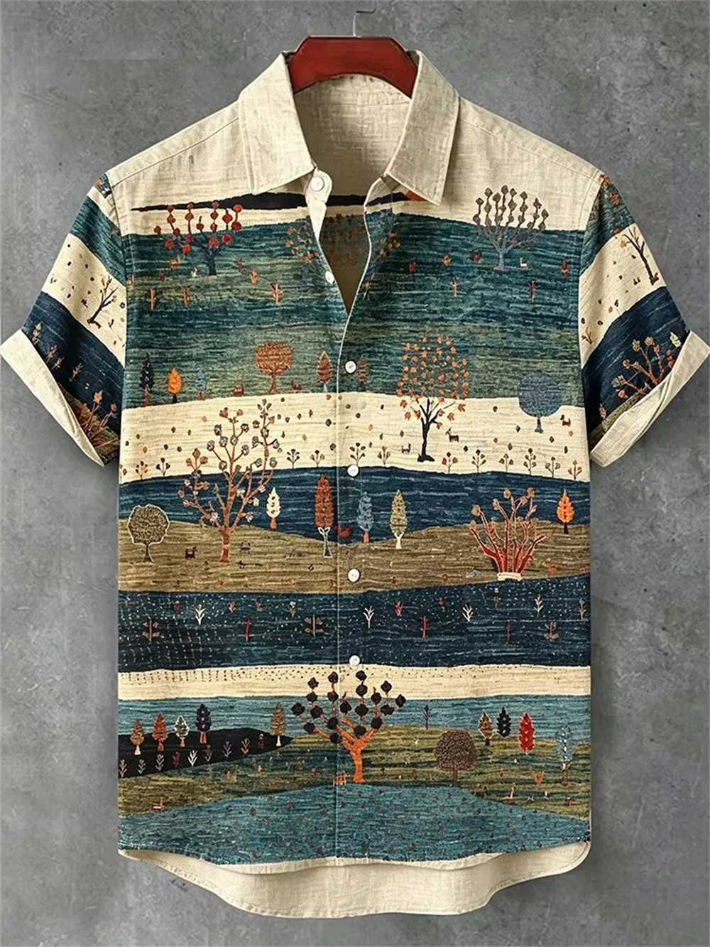 Men's Bohemian Style Retro Art Landscape Tree Forest Print Linen Short Sleeve Shirt Striped Collar Buckle Casual Vacation Top