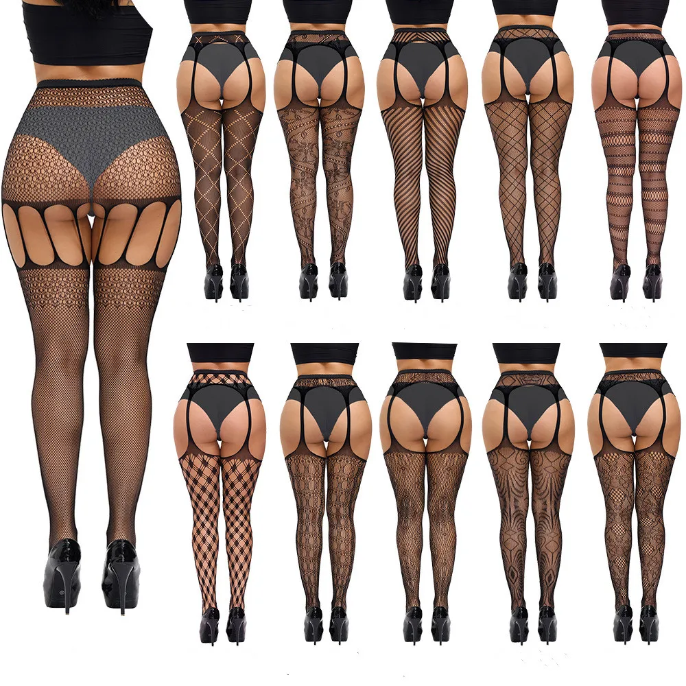 Calze a rete sexy a vita alta con reggicalze Collant trasparente senza cavallo Lingerie da donna taglie forti