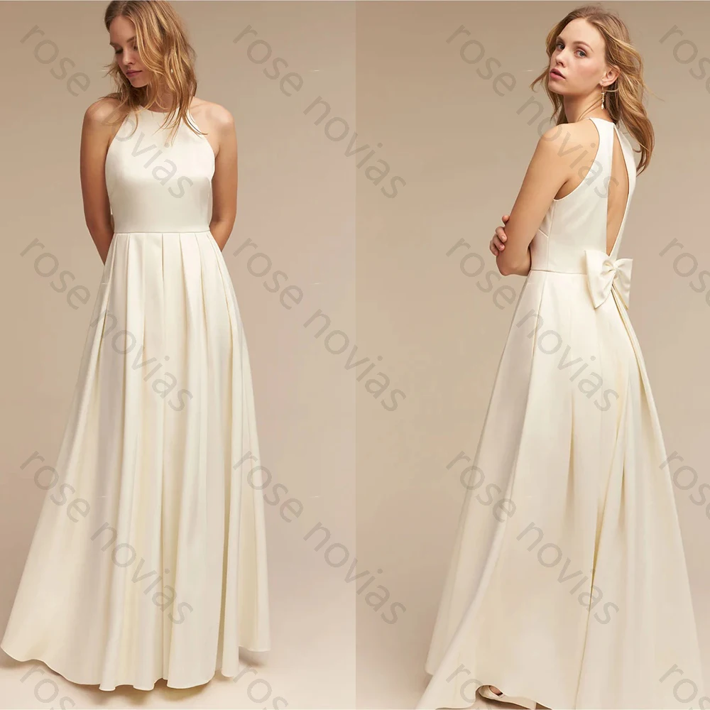 Vestidos de Novia de Satén Blanco Sencillos y Personalizados de Alta Calidad, Cuello Halter, Corte en A con Lazo, Largos hasta el Suelo, para Bodas Civiles y para la Novia