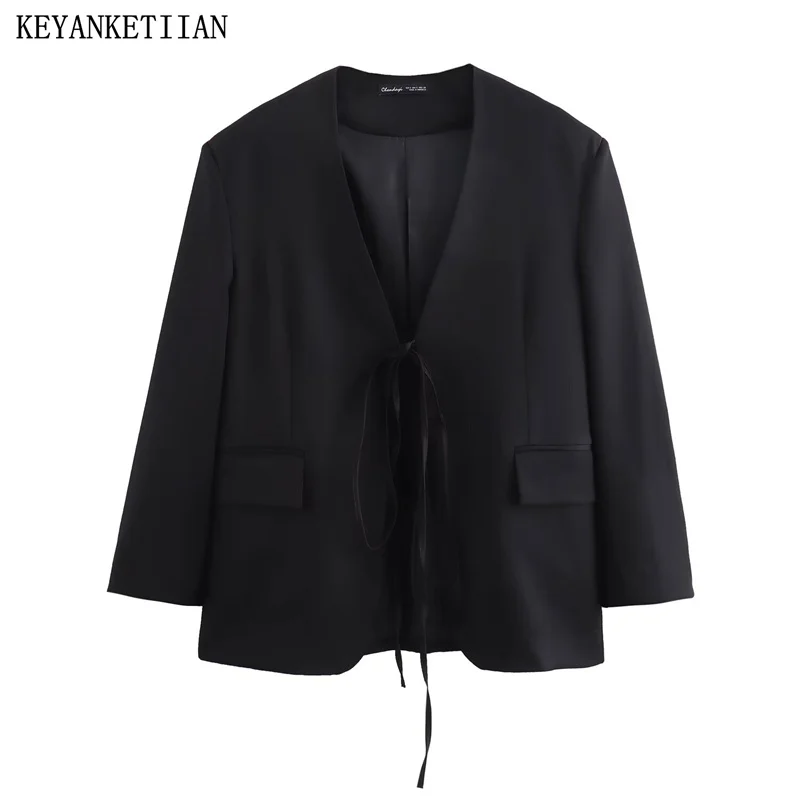 KEYANKETIAN 2024 New Launch Women Bow Lace Up Loose Short Suit Coat Fashion Simply Flap Pockets V-Neck Black Oversize Outerwear