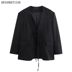 KEYANKETIAN 2024 New Launch Women Bow Lace Up Loose Short Suit Coat Fashion Simply Flap Pockets V-Neck Black Oversize Outerwear