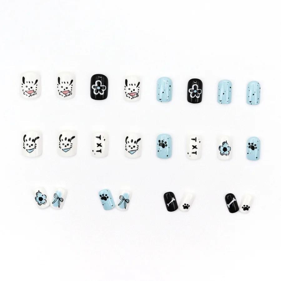 24枚入り 秋冬用つけ爪 グルー付き ブルー グラフィティ 犬柄 キュートな花柄 プレスオンネイルセット 韓国風 マグネット式 粘着ネイルチップ