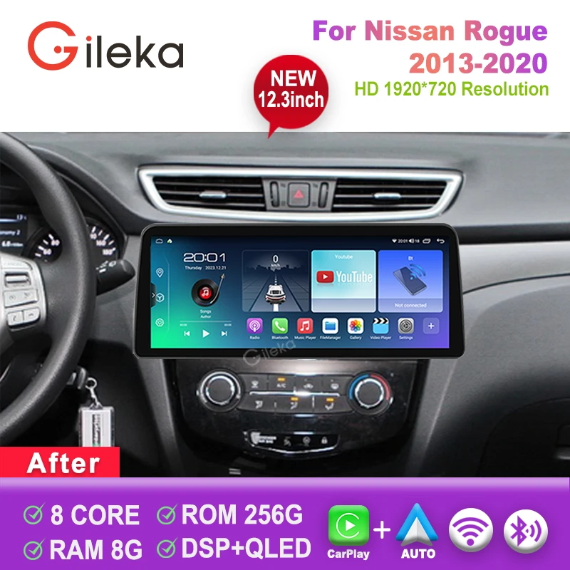 

12,3-дюймовый 2K экран с поддержкой Carplay и Android для Nissan Rogue 2013-2020, автомобильная магнитола, мультимедийный проигрыватель, GPS, Wi-Fi, Bluetooth