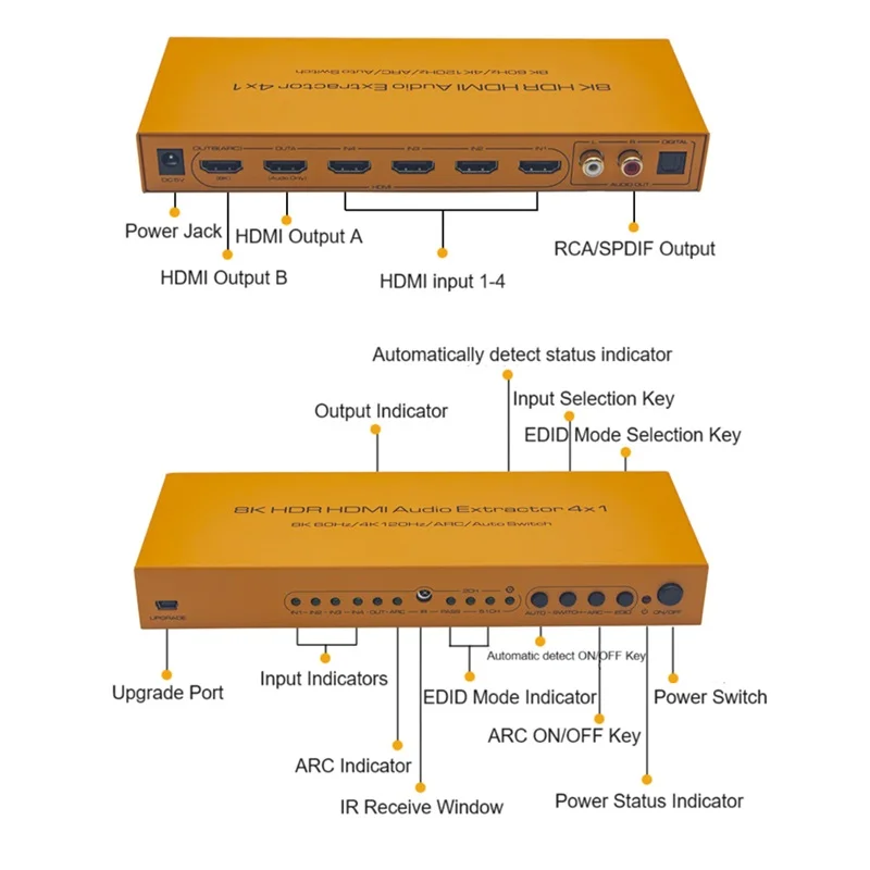 Imagem -04 - Comutador Compatível com Hdmi 2.1 Extrator de Áudio Arc 4x1 Interruptor de Áudio de Embutir 7.1 5.1 Hdr10 Mais Vrr Allm 4k @ 120hz 8k @ 60hz para Hdtv Ps5