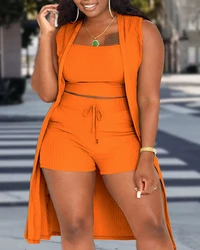 Plus Size 3PCS Ribbed Crop Tank Top & Shorts Set With Vest Coat