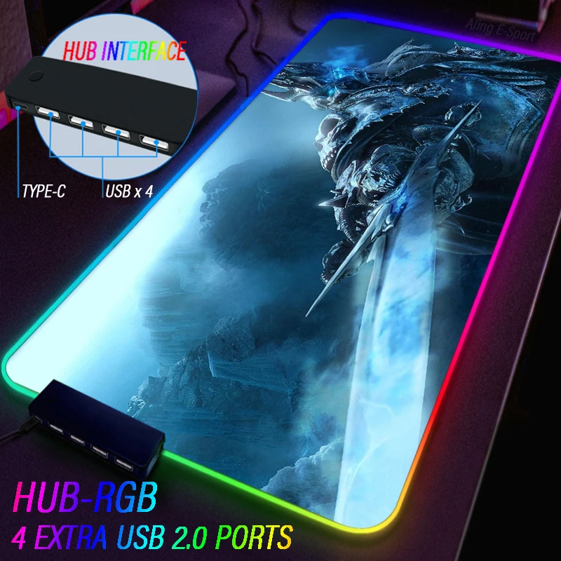 Custom WOW Illidan Lich King RGB Luminous Mouse Pad World of Warcraft Gaming Mat USB Hub Extensions 4 Port With Dazzling Lights