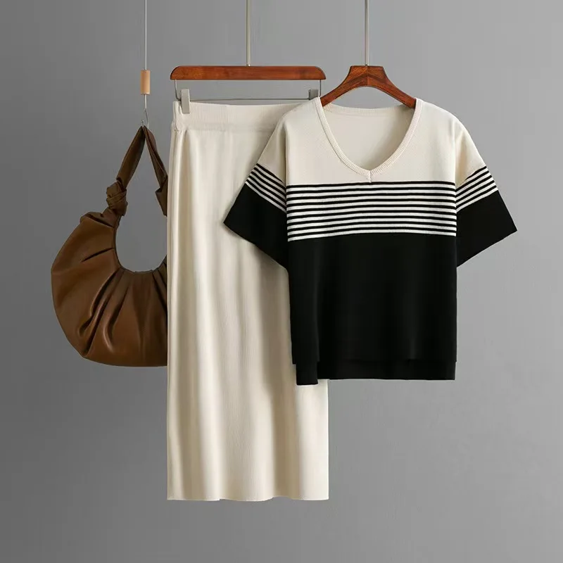 Neues gestricktes Streifen-Top und Rock-Set für Damen, Faion-Sommer-Outfit, V-Ne ort Sve, lange Hosen, zweiteiliges Ensemble