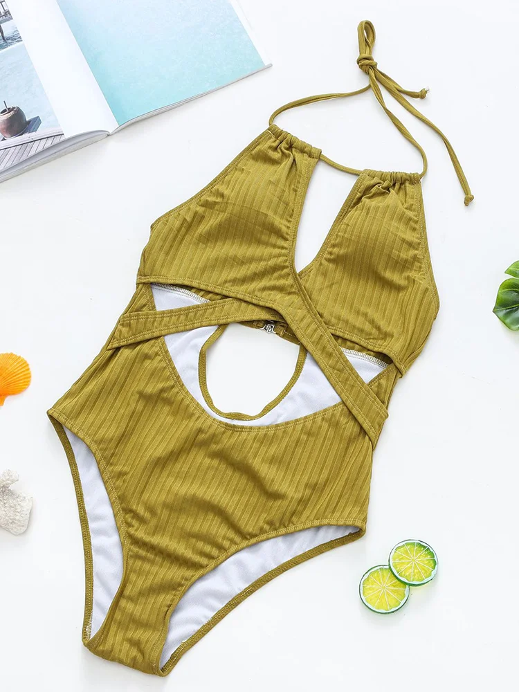 Sexy Halter Tummy Cut Out Female Monokini One Piece Swimsuit Women Swimwear Backless Bather Bathing Suit Swim Lady