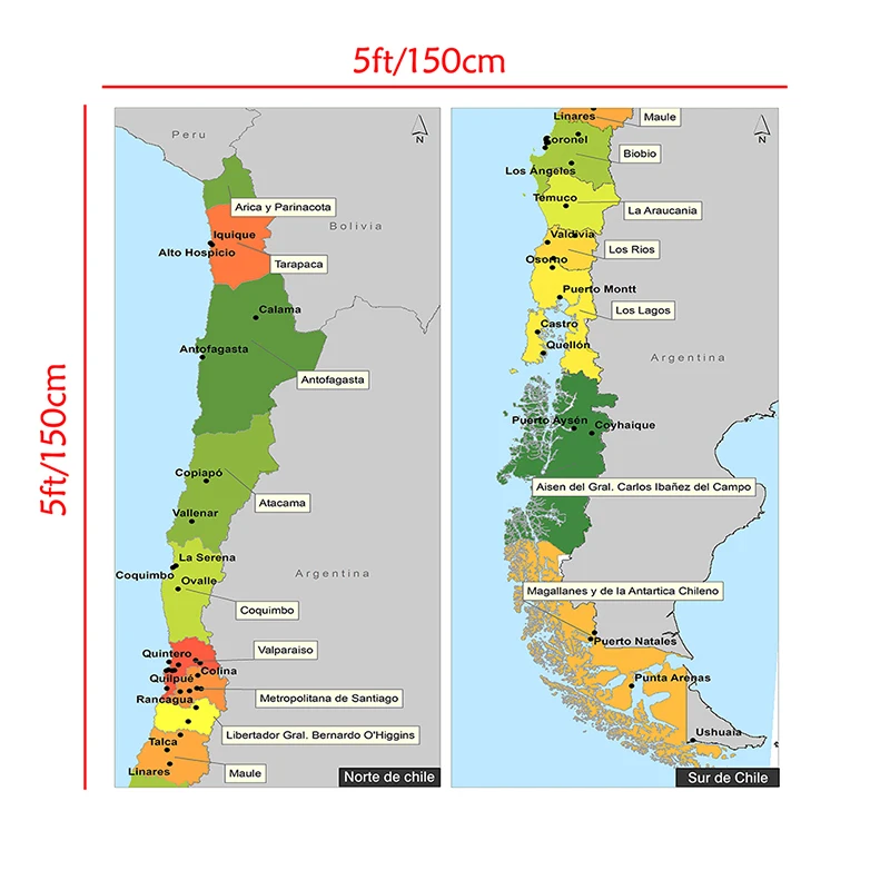 150*150cm o chile mapa político em espanhol não emoldurado imprime não-tecido lona pintura parede cartaz decorativo decoração de casa