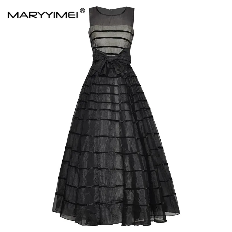 

MARYYIMEI Fashion Summer Women's dress Sleeveless Ruched Slim Striped Lace up Elegant Ball Gown Evening Dresses
