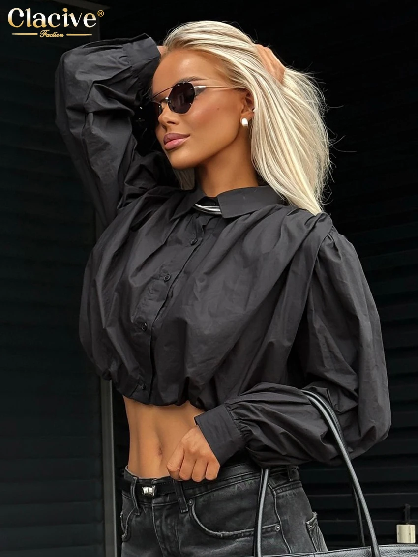 Clacive Mode Lose Schwarz Baumwolle frauen Hemd 2025, Sexy Revers Langarm Shirts Elegante Klassische Crop Top Weibliche Kleidung