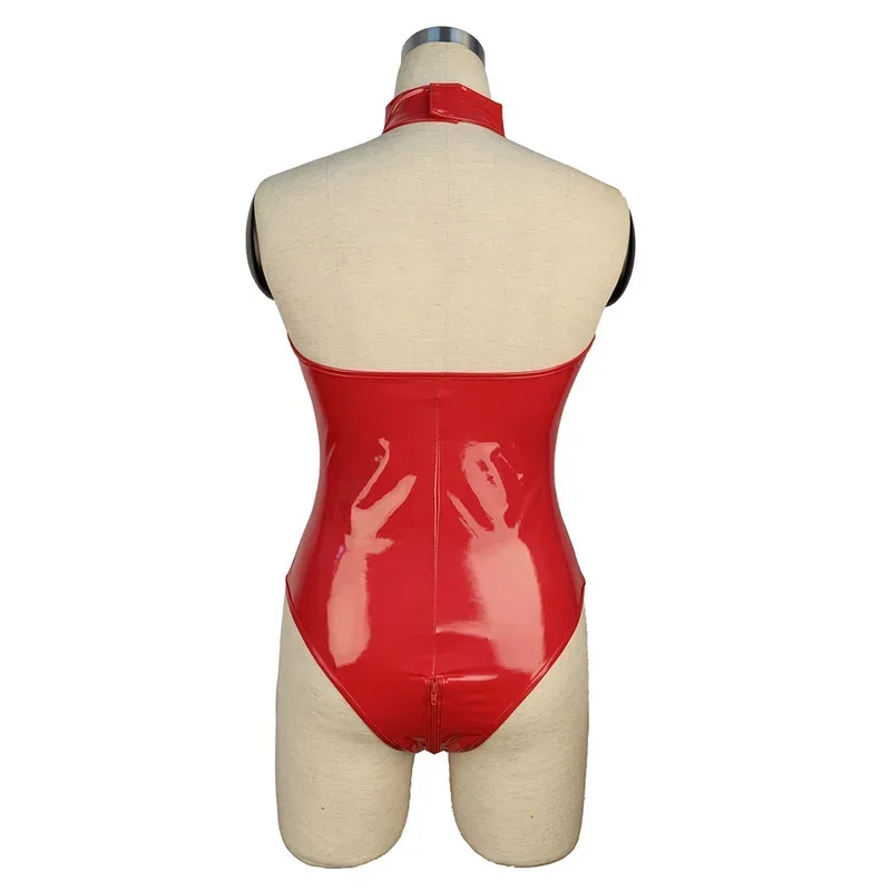 Women Sexy Mesh See Through Bodysuit Faux Leather One Piece Backless Jumpsuit Leotard with Chain Catsuit Zipper Crotch Rompers