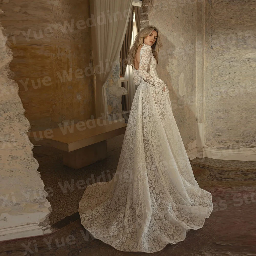 Robe De mariée luxueuse ligne A pour femmes, avec des Appliques en dentelle, personnalisée, dos nu, manches longues