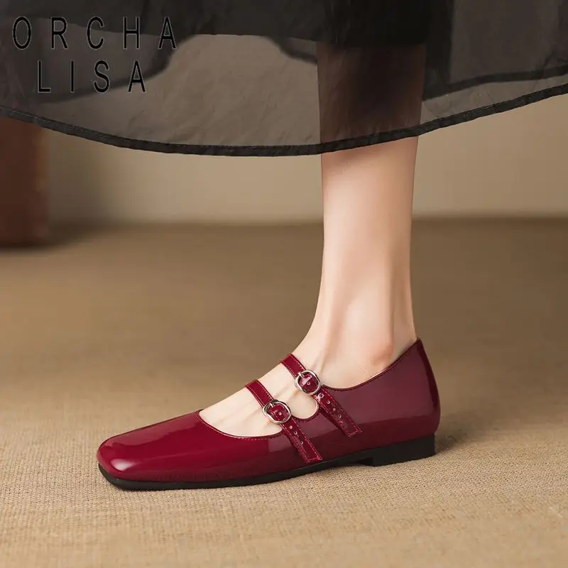 

ORCHA LISA Горячая новинка: женские туфли-балетки с квадратным носком, двойной пряжкой и блестящим верхом, модель Мэри Джейн, мягкая и удобная обувь для свиданий, большие размеры 41, 42, 43