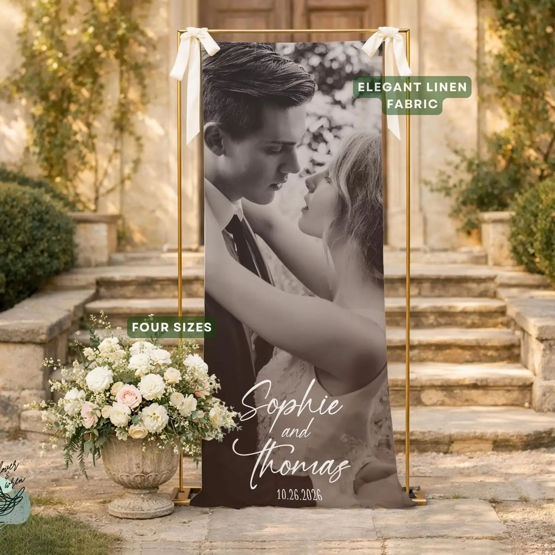 Custom Photo Wedding Welcome Banner, Personalized Fabric Sign with Name & Date, Bridal Shower Engagement Wedding Reception Decor