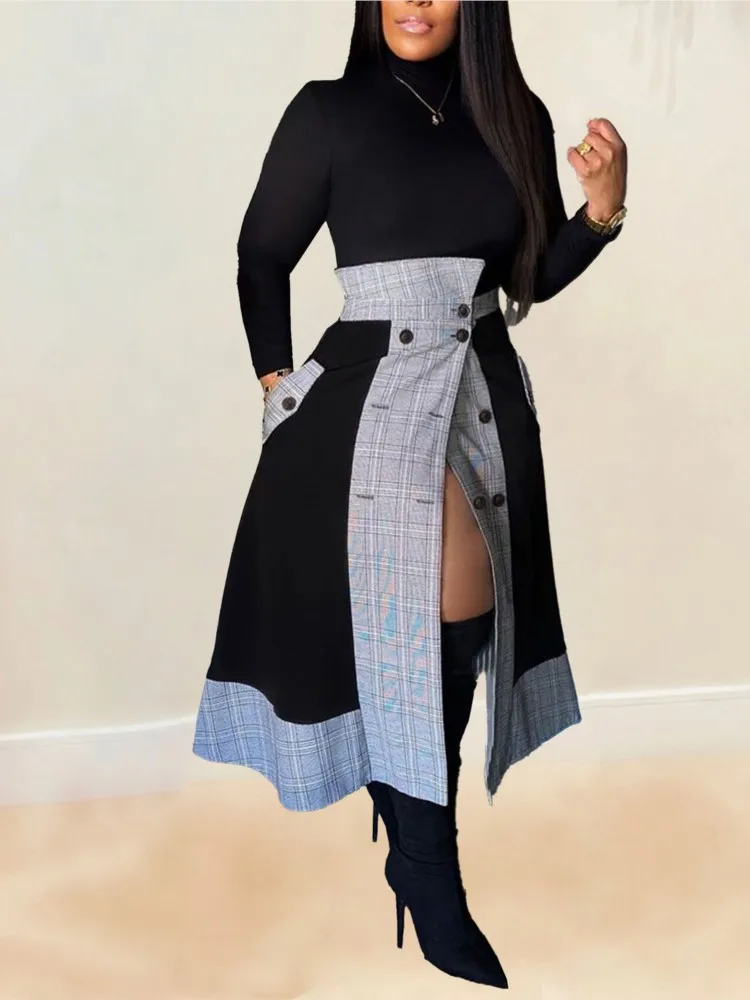 

2025 Long Sleeves 2 Pieces Set For Woman Patchwork Two Piece Outfits Contrast Skirts Striped Slim Temperament Elegant Commuting