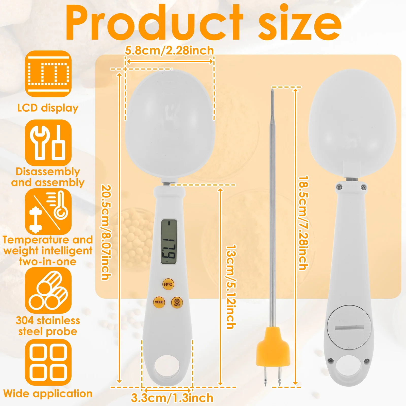 Digital Measuring Spoon with Temperature Probe Highly Accurate Food Measuring Scoop Scale with LCD Screen Portable Weighing