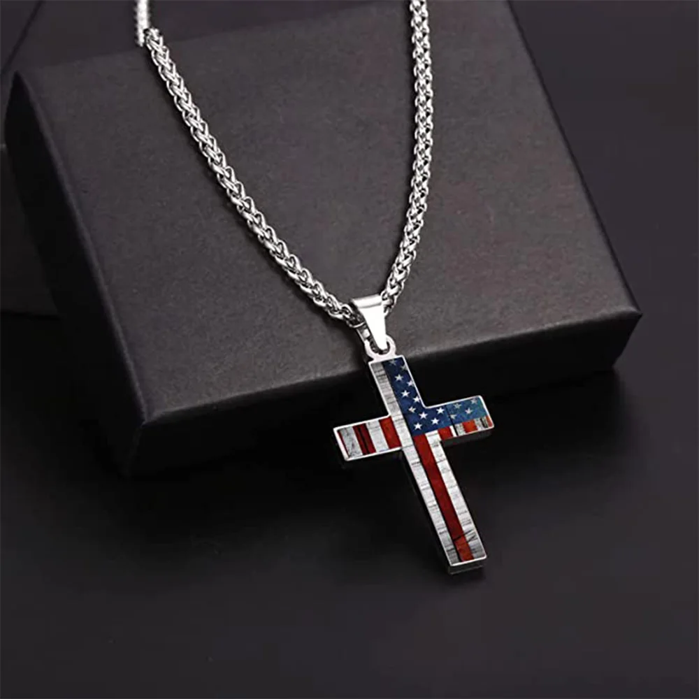 American Flag Crucifix Necklace Pendant Fashion Personalized Cross Chain Religious Jewelry for Women Men