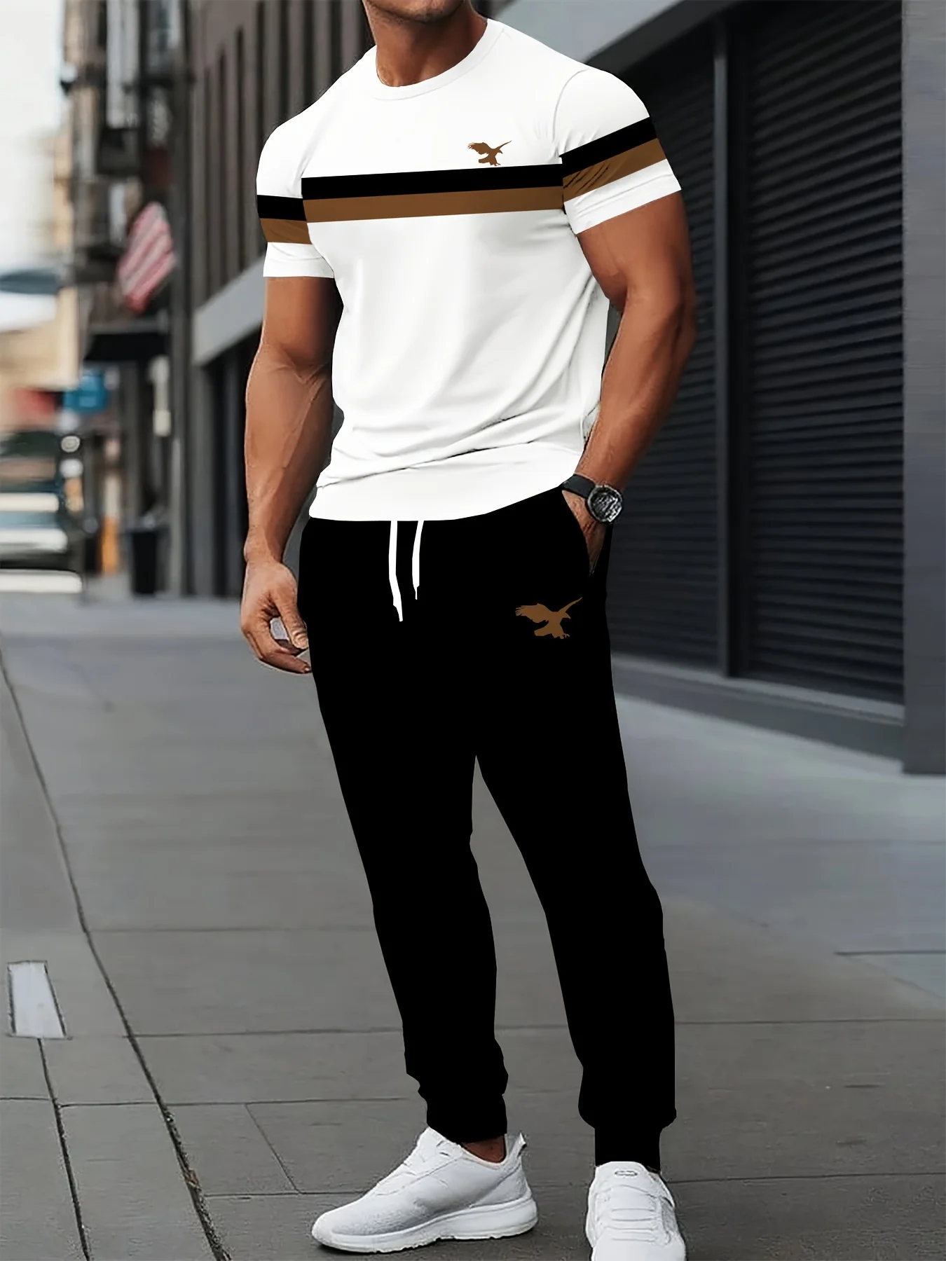 

Summer men's striped eagle print breathable and comfortable round neck T-shirt pants set outdoor casual fashion two-piece set