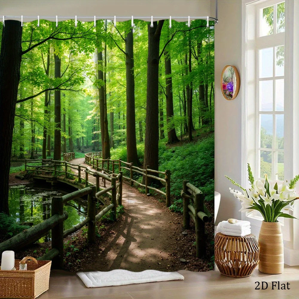 1pc Serene Forest Path Shower Curtain with Rustic Wooden Railings, Vibrant Green Trees & Tranquil Pond Scene - Polyester, 70.8x7
