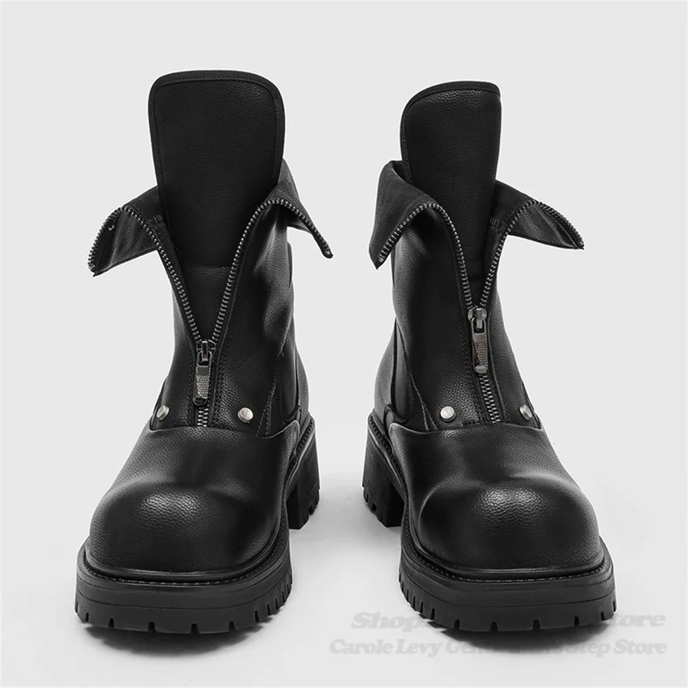 

Men Big Round Toe Thick Bottom Short Boot Increased Height Front Zipper Chunky Heel Fashionable Solid Color Knight Boot