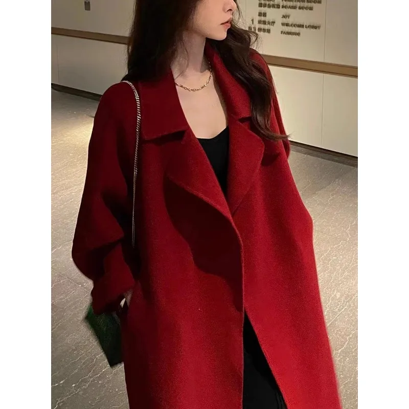 

Autumn Winter Double Sided Women Wool Coat Solid Color Loose Leisure Elegant Belt Turn Down Collar Woolen Women Coat
