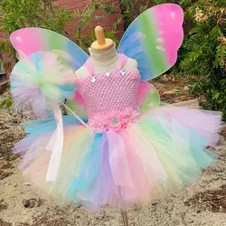 Girls Pastel Butterfly Fairy Dress Kids Flower Tutu Dresses with Wing and Stick Hairbow Outfit Children Birthday Party Costumes