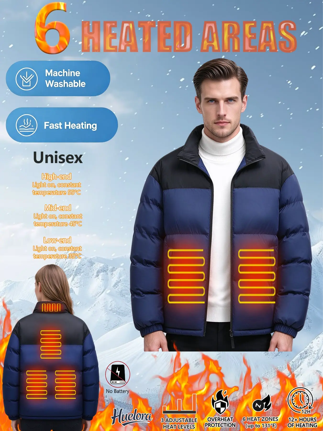 Huelora Unisex Color Block Heated Padded Jacket 6 Heating Zones Winter Warm Coat 3 Level Temp Control for Outdoor Camping