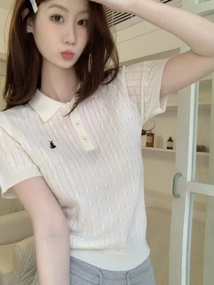 Uniek kraag T-shirt dames mooi gebreid ort Sve zomer borduurwerk ontwerp top slim fit Koreaanse Sle woon-werkverkeer...