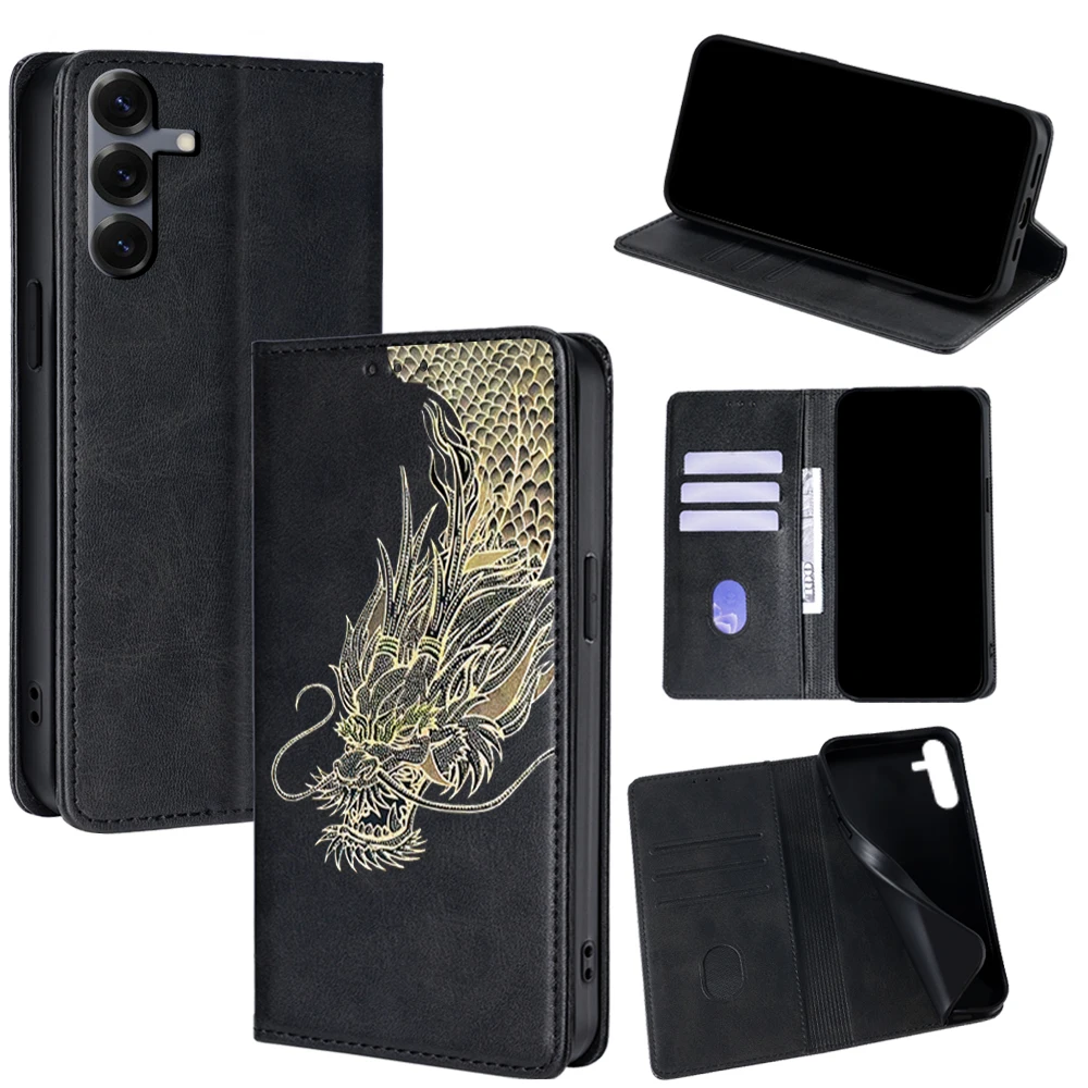 Magnet Leder Drachen Muster Brieftasche Fall für Samsung Galaxy A17 A07 A56 A36 A26 S25 Ultra S25 FE S24 S23 S22 Plus Flip-Cover