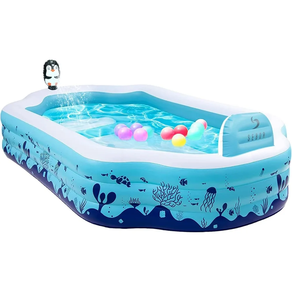 Inflatable Pool with Seat and Sprinkler - Large 124'' X 71'' X 20'' Above Ground Swimming Pool for Family, Adults