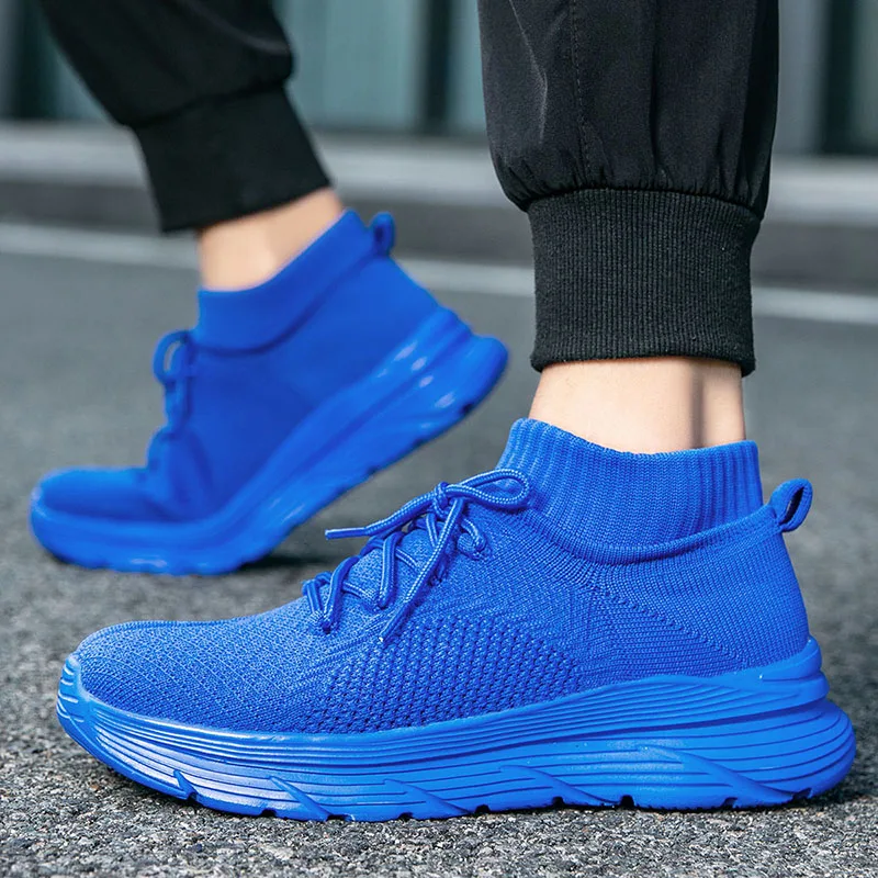 High Top Sock Sneakers Men Fashion Blue Knit Men\'s Running Shoes Lightweight Platform Casual Mens Trainers zapatillas de hombre