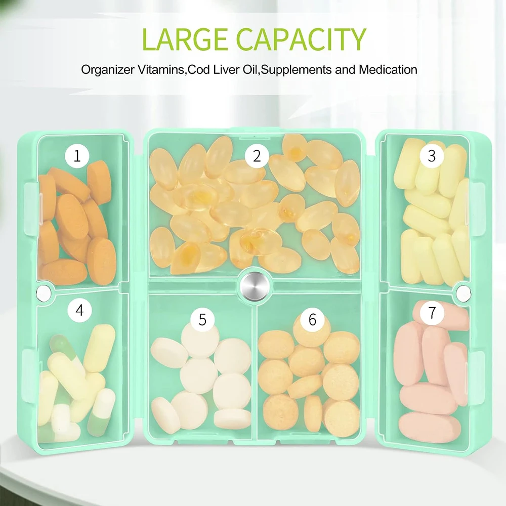 1Pcs Magnetic Foldable Pill Organizer,7 Compartments Portable Pill Case,Weekly Pill Organizer for Vitamins,Cod Liver Oil