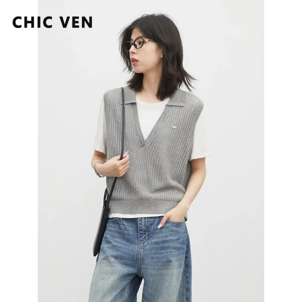 CHIC VEN New Women T-shirt Loose Contrast Color Two-piece Set Knitted Vest O Neck Female Short Sleeved Tees Spring Summer 2026